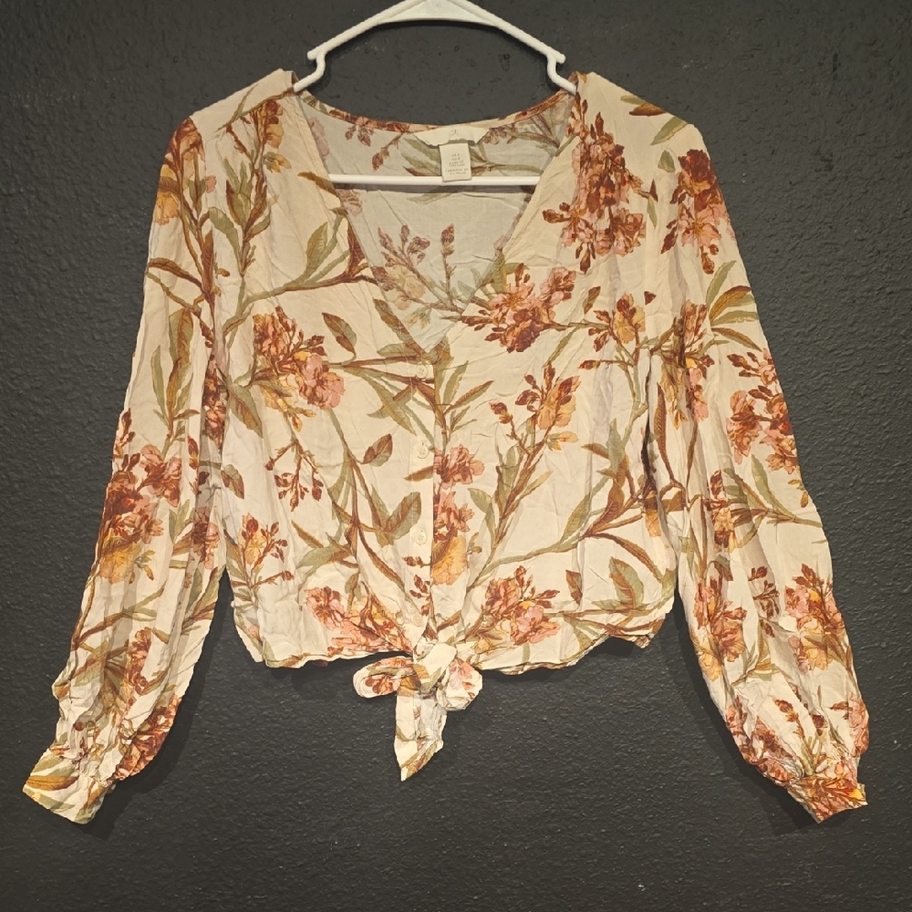 H&M Cream and Orange Tie-Front Blouse